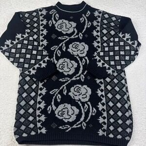 Dana Scott Women's Medium Black Rose Pattern Mock Neck Sweater Knit Vtg USA